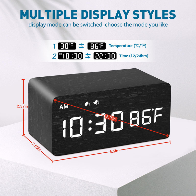 MOSITO Digital Wooden Alarm Clock with Wireless Charging, 0-100% Dimmer, Dual Alarm, Weekday/Weekend Mode, Snooze, Wood LED Clocks for Bedroom, Bedside, Desk, Kids (Black) Black
