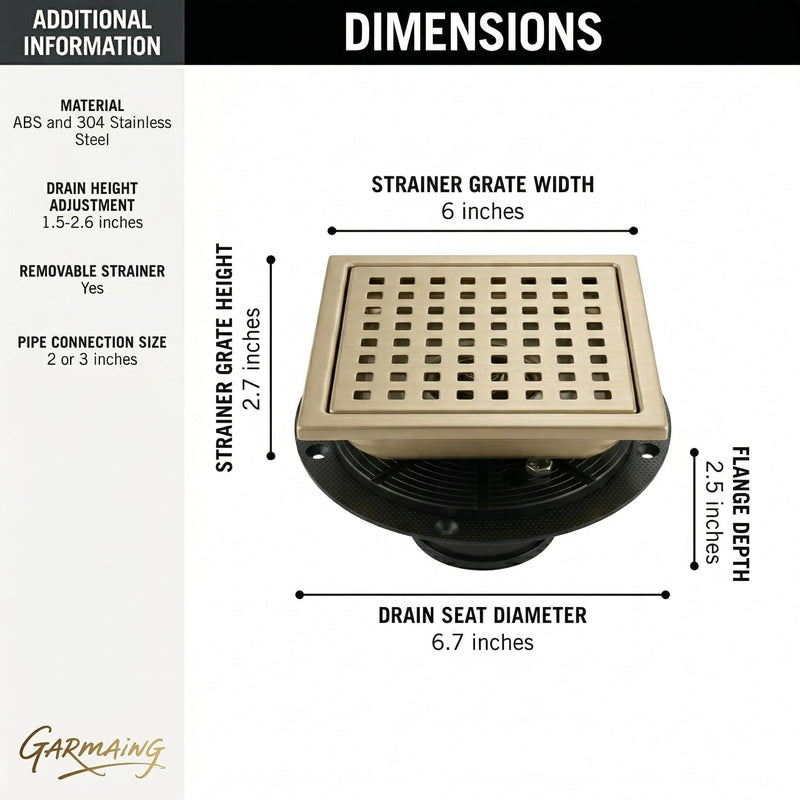 6 Inch Tile-in Champagne Bronze Shower Drain - Square Shower Floor Drain Kit Fit 2" or 3" Pipe - 304 Stainless Steel with Hair Carcher and ABS Flange - Compatible with Delta Champagne Bronze
