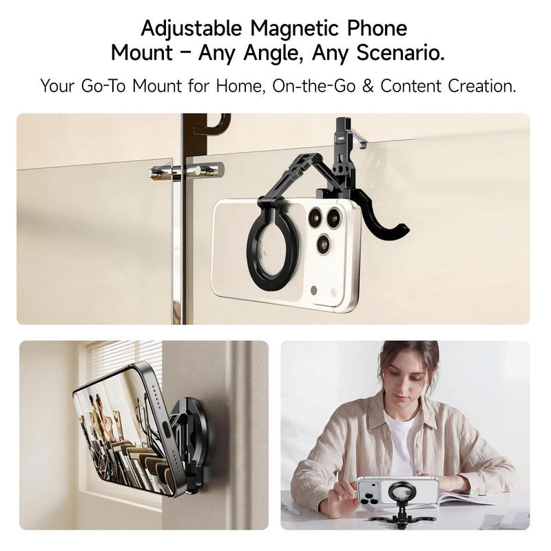 COBONE XJ-30 MagSafe Compatible Magnetic Phone Tripod, Aluminum 0.63" Slim 2.54oz Lightweight Foldable Stand with 1/4" Screw & Hook, Dual-Sided Magnet, for iPhone 17-12 & Android (Black) Black