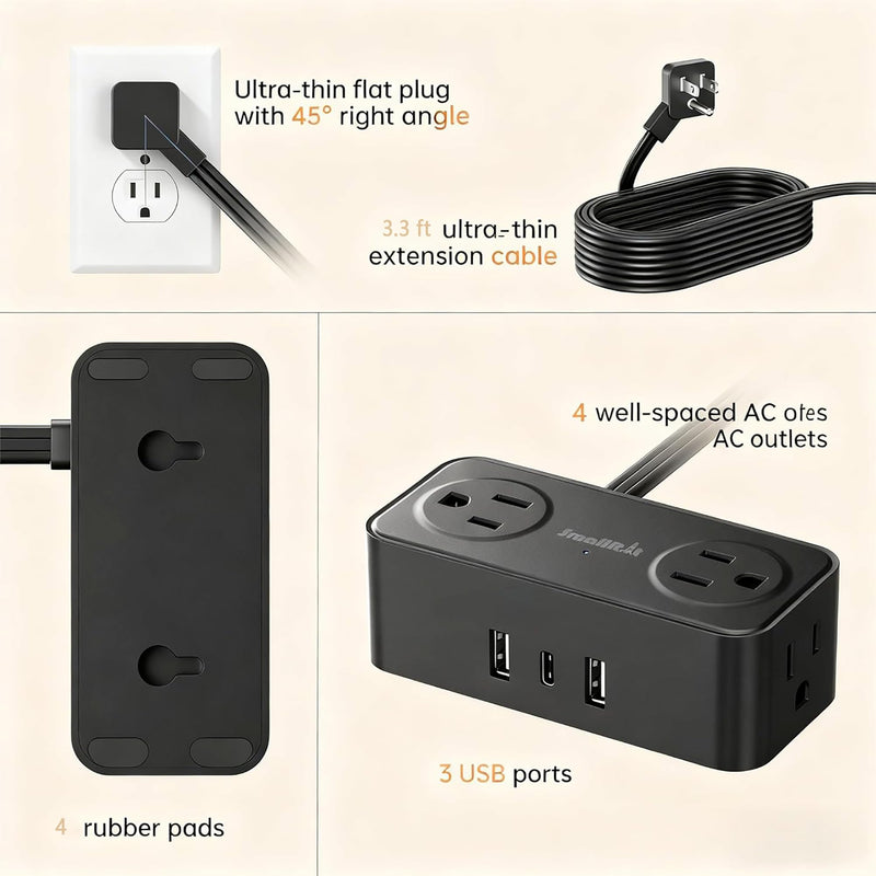 Power Strip with USB, SMALLRT 2 Pcs Flat Extension Cord with Multiple Outlets，3.3FT Flat Plug Power Bar with 4 Outlet Extender for Travel, Hotel, Dorm, Cruise Eessentials, No Surge Protection, Black 3.3 Ft-2pc