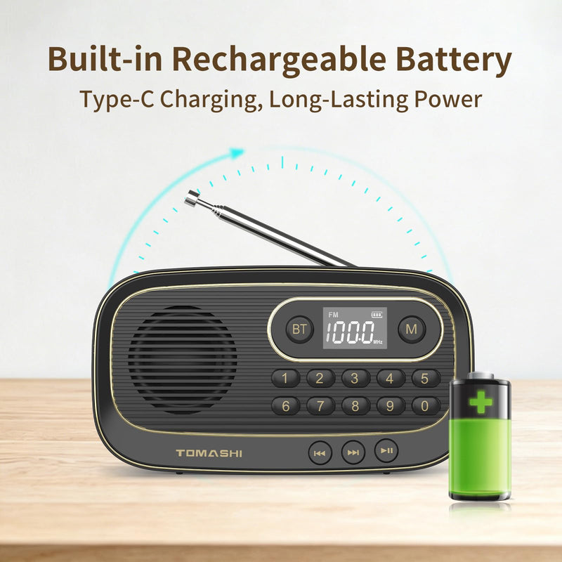 TOMASHI Portable FM Radio, Bluetooth Speaker Radio, Rechargeable Auto Scan | Preset stations, LCD display and Micro SD MP3 player. Compact radio with earphone jack for home, travel and outdoor use.