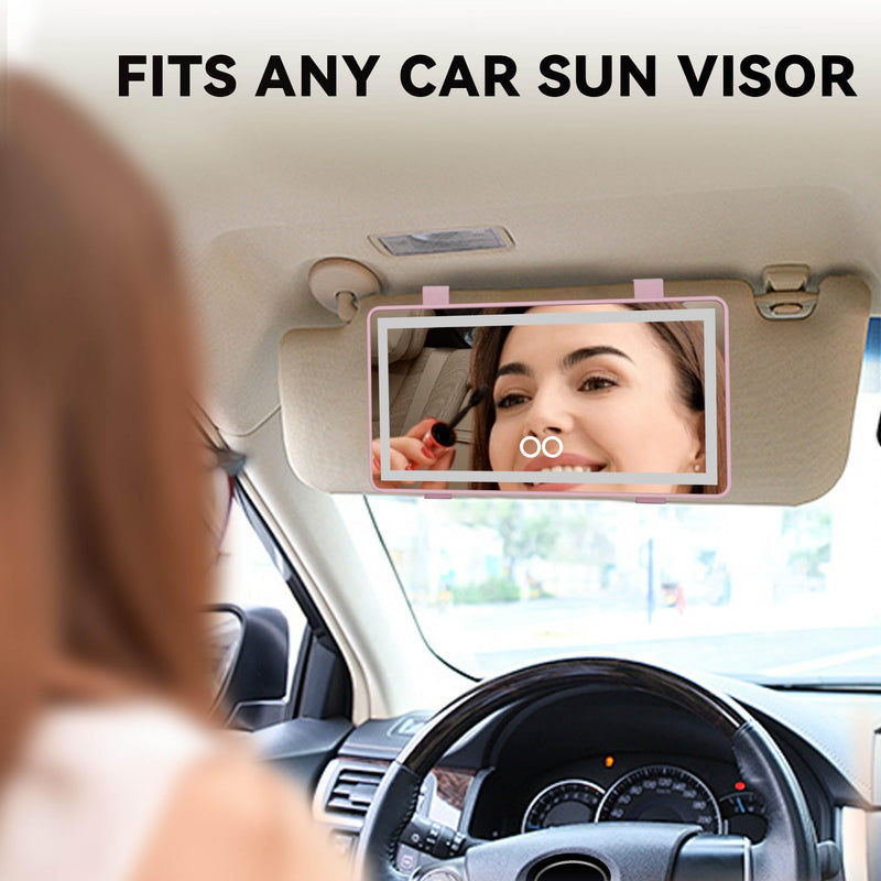 Car Mirror Visor Vanity with Rechargeable LED Light - 3 Light Modes & Dimmable Touch Screen- Girly Pink Car Accessories for Women Interior- Large Clip on SunVisor Passenger Side Mirror, Pink