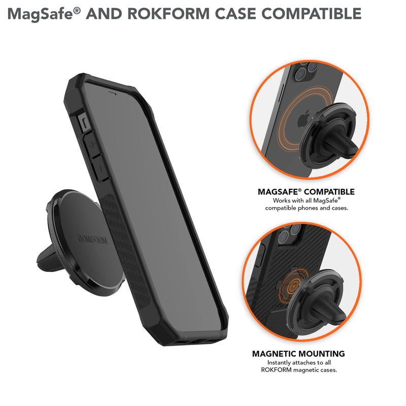 Rokform Dual Magnet Vent Phone Mount, Super Grip Clip (Black) | Compatible with Mag Safe Cases, Magnetic, Aluminum & Silicone, Fits Most Air Vent Slats