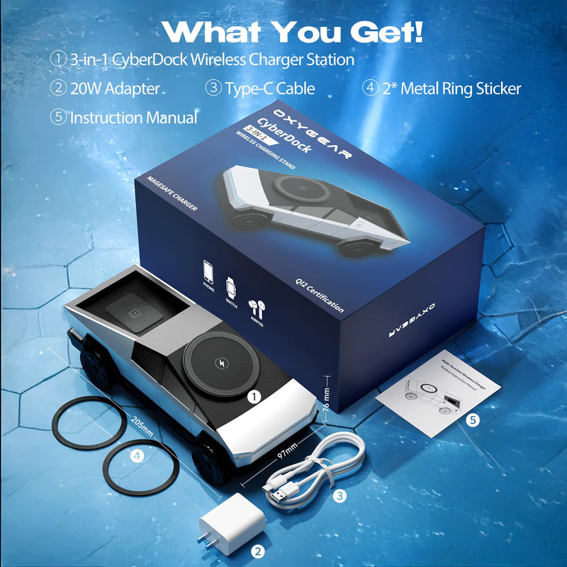 CyberDock 3-In-1 Wireless Charging Station for iPhone with Car Model Design 1:25 Scale, Qi Certified Mag-Safe Charger for iPhone iWatch AirPod, Rotating Charger with Ambient Light, 20W Adapter, Sliver