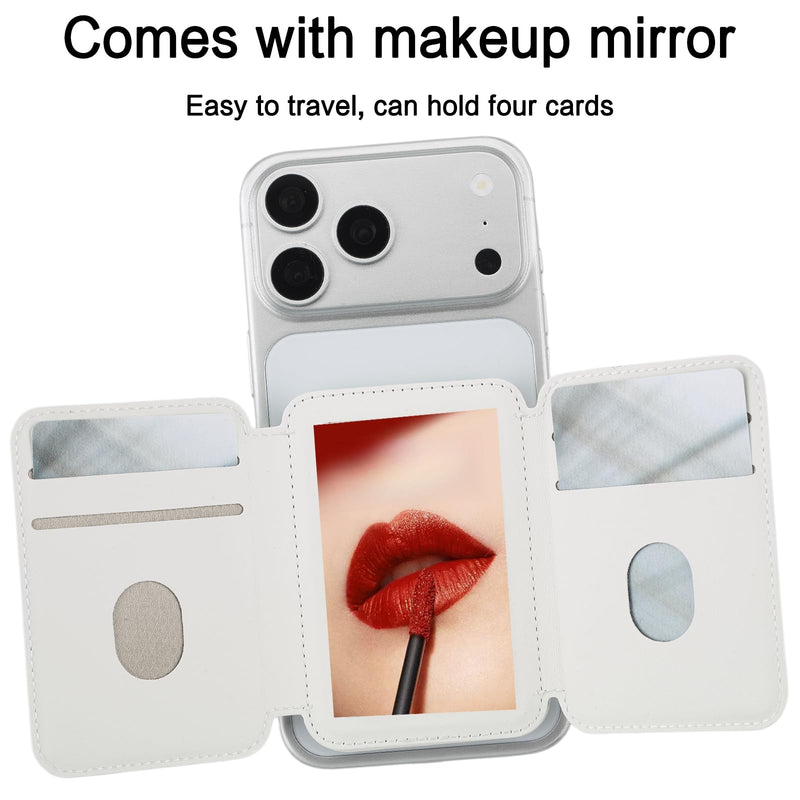 Compatible with MagSafe Wallet for iPhone 12–17 Series, 3-Fold Magnetic Card Holder with Makeup Mirror & Kickstand, RFID Blocking Slim PU Leather Phone Wallet Sleeve for Magnetic Case (Cloud White) Cloud White