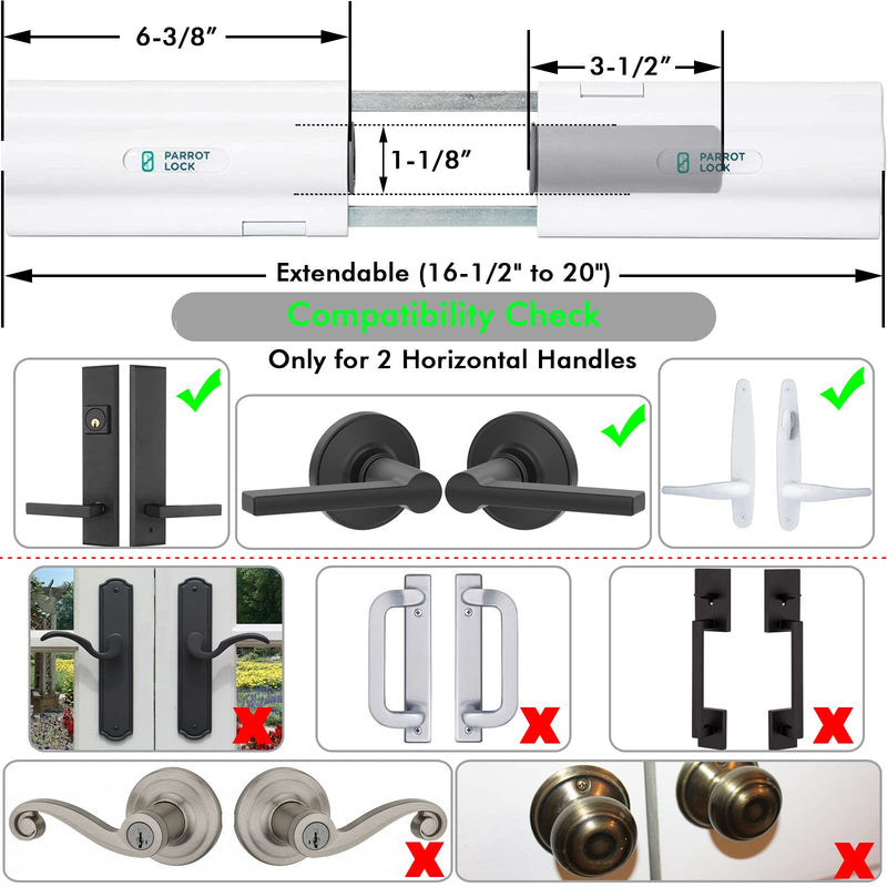 French Patio Door Security Lock for Straight Double Hinged Swing Door Levers, Only Works with 2 Horizontal Handles, No Key Required