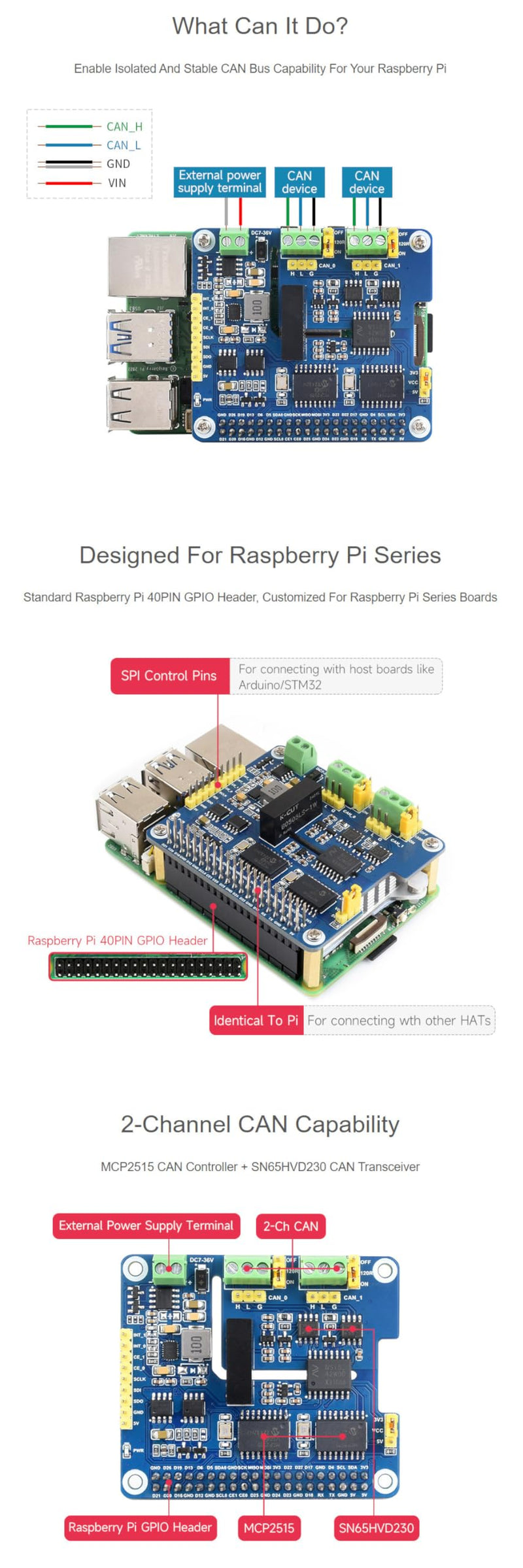 2-Channel Isolated CAN Bus Expansion HAT for Raspberry Pi 5/4B/3B/2B/Zero/Zero W/Zero WH/Jetson Nano 2-CH CAN HAT+ Stackable Design for Expanding Multiple CAN Channel