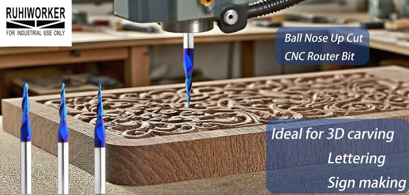 3PCS 1/8 1/16 1/32 inch Cutting Diameter Tapered Ball Nose End Mill Set Spiral CNC Router Bits Nano Coated Up Cut Solid Carbide 2D and 3D Carving 3.6 Deg 5.4Deg 6.2Deg with 1/4 Inch Shank T4660BC 1/8, 1/16 ,1/32 inch Cutting Diameter