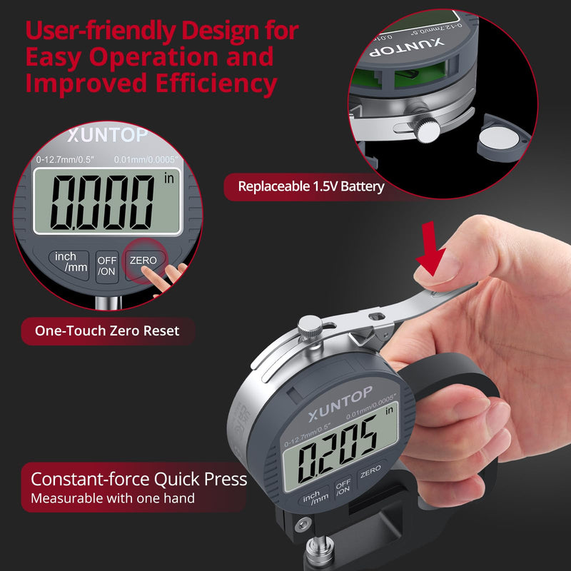 XUNTOP Digital Thickness Gauge 0.5inch/0.0005inch(12.7mm/0.01mm) Thickness Meter with LCD Display, Unit Conversion, Storage Case for Paper Plastic Leather Metal Wire