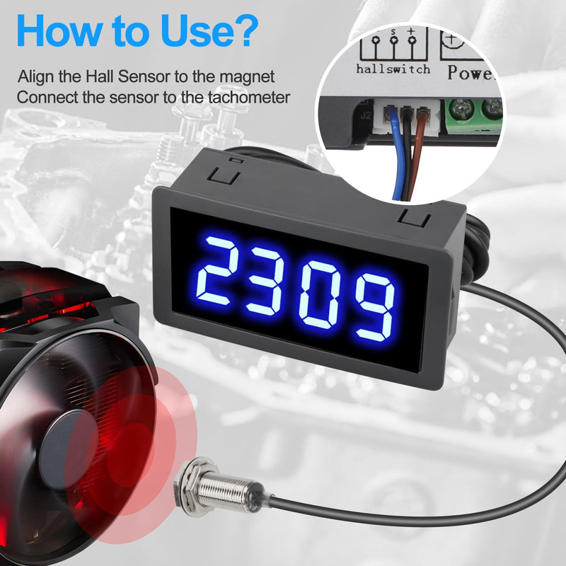 EEEkit 4 Digital Blue LED Tachometer, RPM Speed Meter Digital Motor with Hall Proximity Switch Sensor NPN for Conveyor Belts