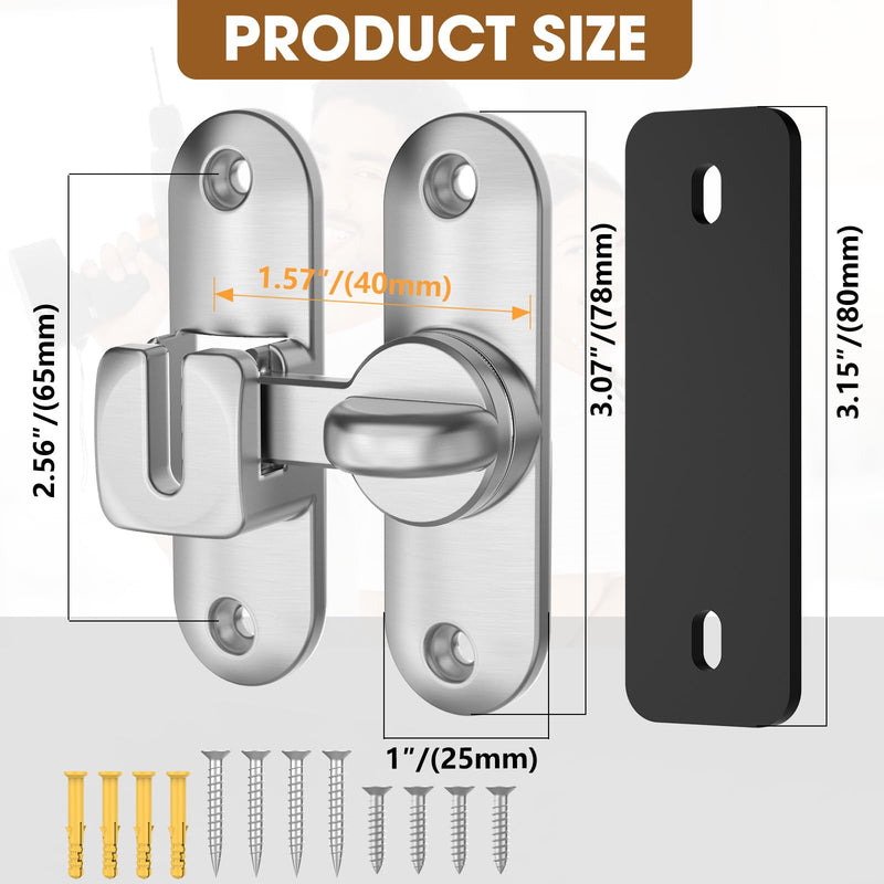 90/180 Degree Barn Door Lock & Latch, Zinc Alloy Sliding Flip Lock Hardware for Cabinet, Bathroom, Garage, Wooden Fence, Pet Gate, Shed (Silver - 2Pack) Silver - 2Pack