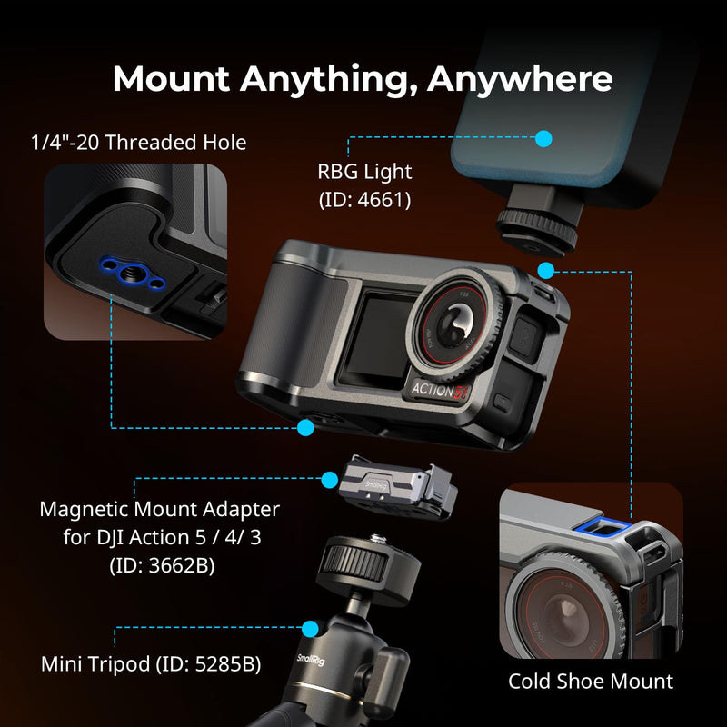 SMALLRIG Street Grip Kit for DJI Osmo Action 5 Pro / 4/3, Aluminum Cage with Shoulder Strap, Lens Protection Ring, Protective Frame with 1/4"-20 Locating Holes, for Street Photography - 6371 All in One Street Grip Kit