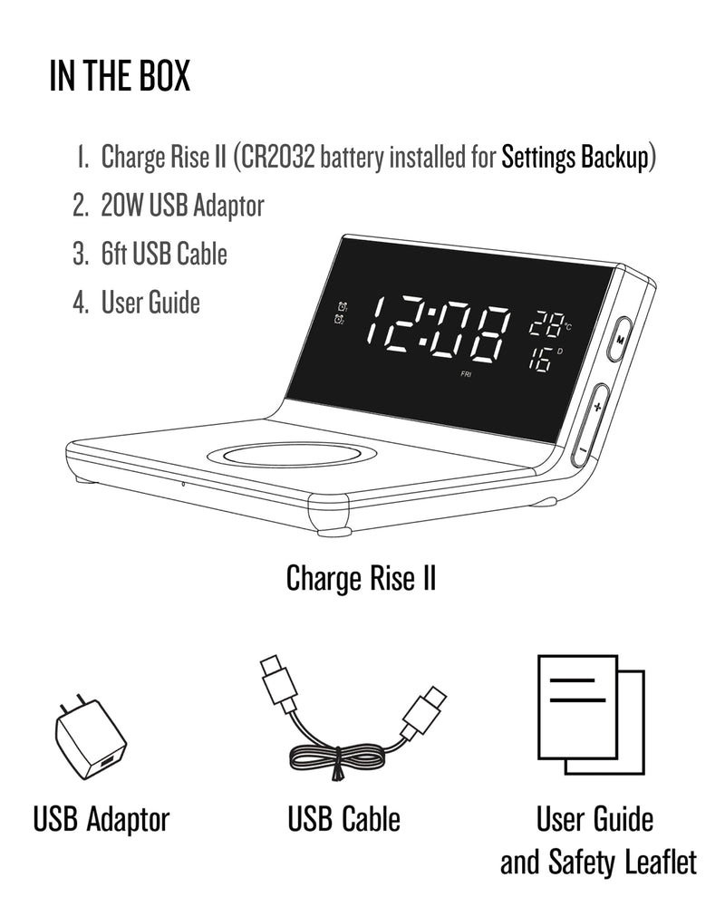 Soundfreaq Charge Rise II, SFQ-20: Digital Alarm Clock, with Dual Alarms, Fast USB Charger and Wireless Charger (Black) Black