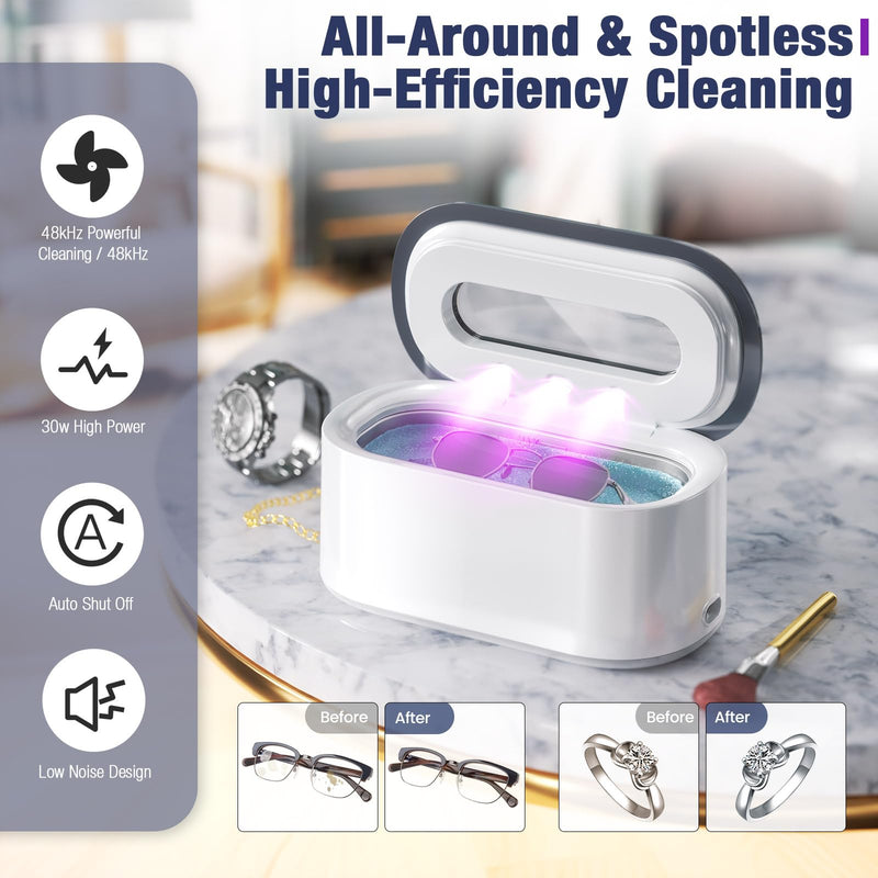 Ultrasonic Jewelry Cleaner, 48KHz Professional Ultrasonic Cleaner for Eyeglasses, Rings, Retainers, Dentures, 30W Jewelry Cleaner Ultrasonic Machine with Dual Cleaning Modes, White Pure White
