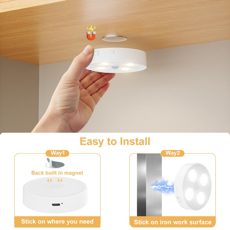 Under Cabinet Lighting, 1500mAh Rechargeable Motion Sensor Puck Lights with Remote, 3 Color Temper, Magnetic Stick on Light, Dimmable Under Counter Lights for Kitchen, Shelf, Closet, Stair, 6Pack 6 Pack Warm White & CoolWhite