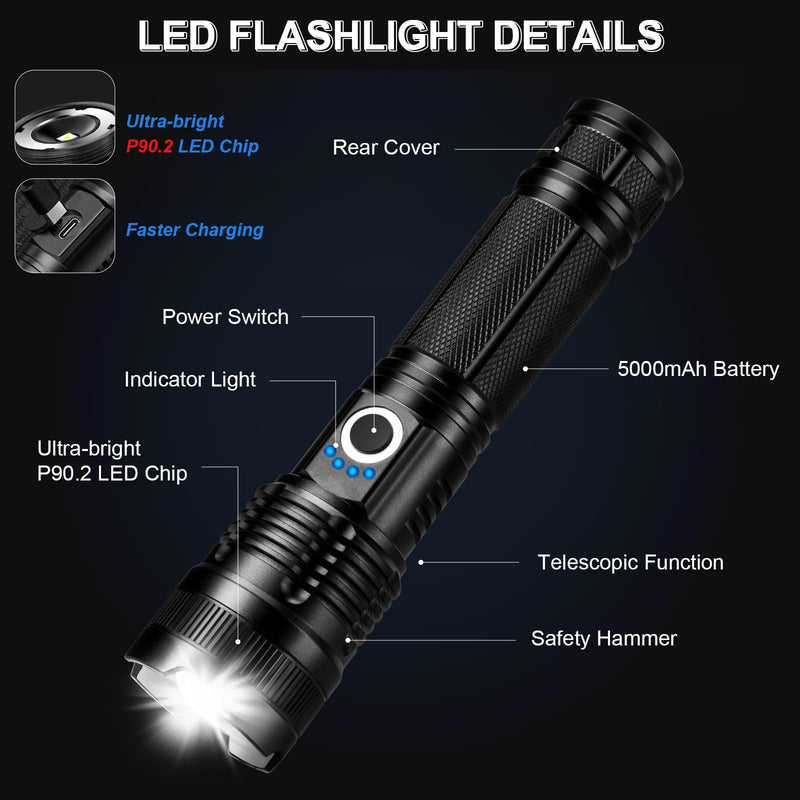 3 Pack Rechargeable Flashlights High Lumens, 990000LM Super Bright LED Flashlight, Adjustable Powerful Flash Light with 5 Modes & USB Cable, Waterproof Handheld Flashlight for Home Camping Outdoor