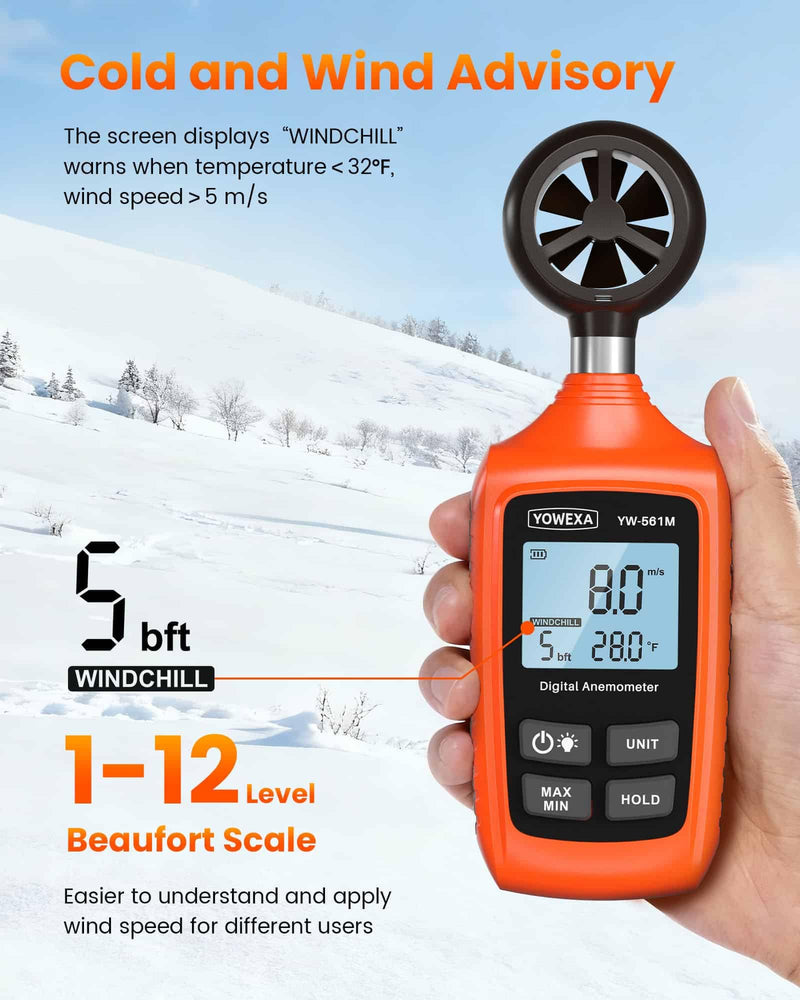 Digital Anemometer, YOWEXA Portable Wind Speed Meter with Backlight Screen, Air Flow Tester Supports Wind Chill Alert, Wind Checkers for Hunting HVAC Drone Sailing Golf Shooting Basic