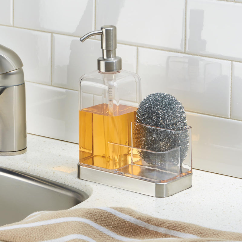 iDesign 67080 Forma Plastic Soap Pump with Caddy, Dispenser with Storage Compartment for Bathroom, Kitchen Countertops, Sinks, Set of 1, Stainless Clear/Brushed Ss
