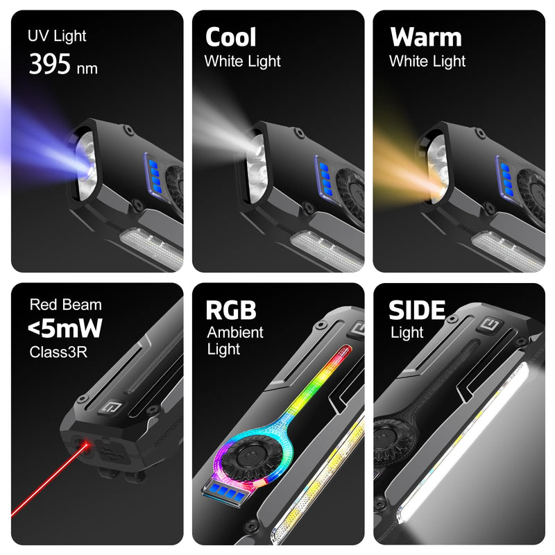 Flat EDC Flashlight Rechargeable, Pocket Flashlight with White & Warm Light, RGB Light, UV, Red Beam, USB-C Small Rechargeable Flashlight with Clip & Magnetic for Camping, Night Walking, Emergency Black