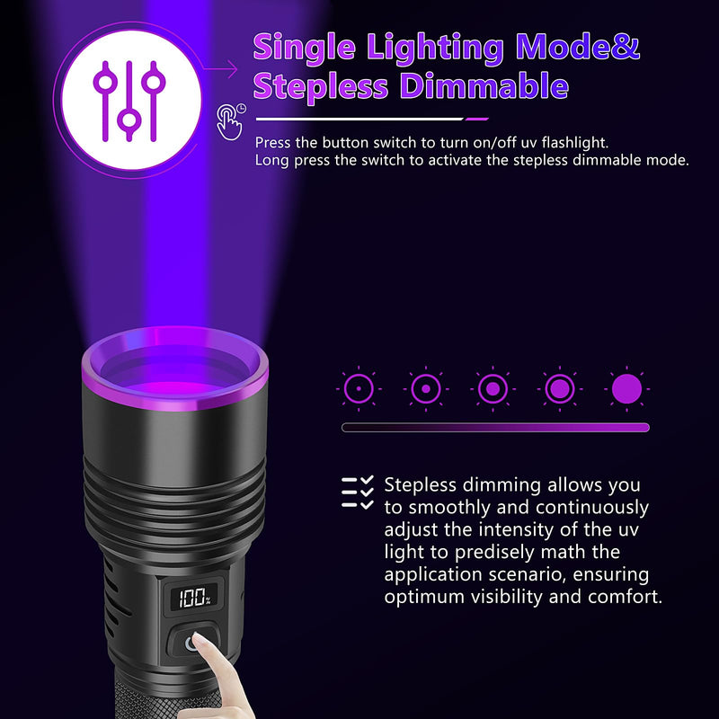 WINDFIRE 365nm UV Flashlight, Rechargeable Blacklight Flashlights with LCD Display, Powerful Black Light for Pet Urine Detection, Scorpions, Resin Curing, Blood Tracking, Uranium Glass, AC Leak