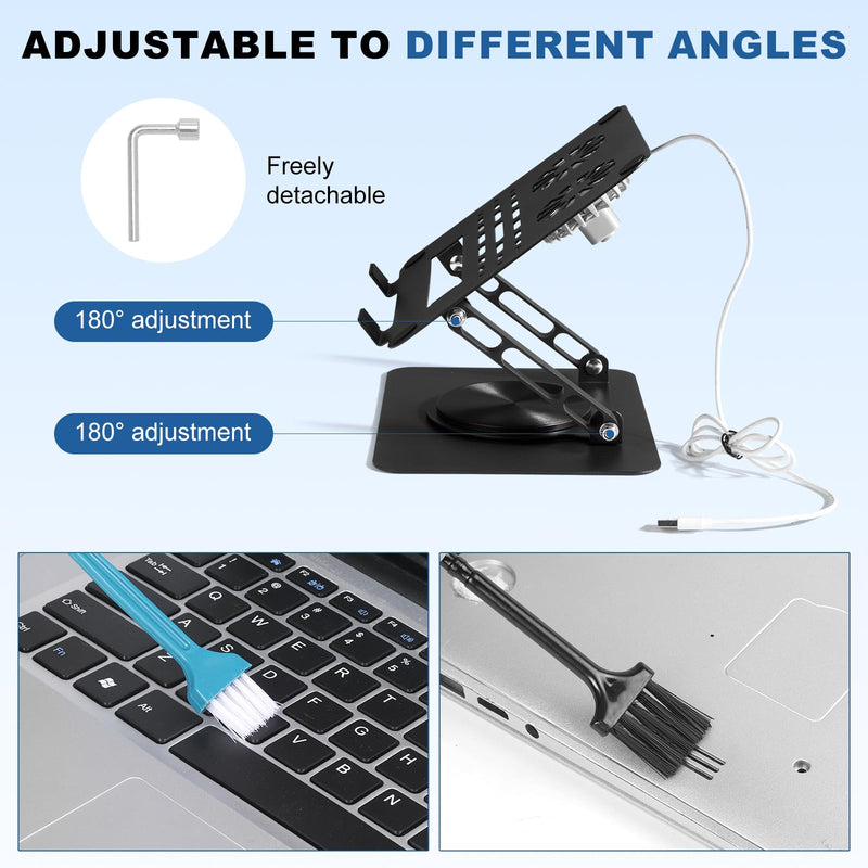 Laptop Cooling Stand with 2 Detachable Fans, 360° Rotating Adjustable Laptop Stand, Carbon Steel Ergonomic Laptop Riser, Anti-Slip Base for 10-17.3" Notebook MacBook, Office Home Gaming Black