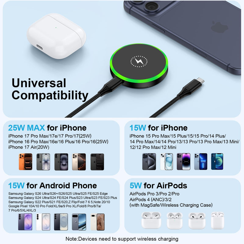 25W Samsung Wireless Charger Fast Charging for Samsung Galaxy Z Fold/Flip8 | Magnetic Magsafe Wireless Charger Pad Station for Galaxy S26 Ultra S26Plus S25 Edge S24FE S23,Google Pixel 10Pro 9A,iPhone 17 1black