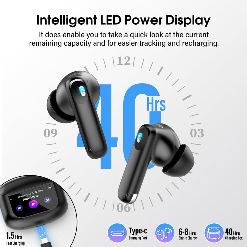 Wireless Earbuds, AI Translation Earbuds Real Time Touch Screen | 5 EQ Modes, 48H AI Ear Buds with ANC Noise Cancelling/Transparency Mode, IPX7 Waterproof, 164 Language/7 Translation Modes Premium Black