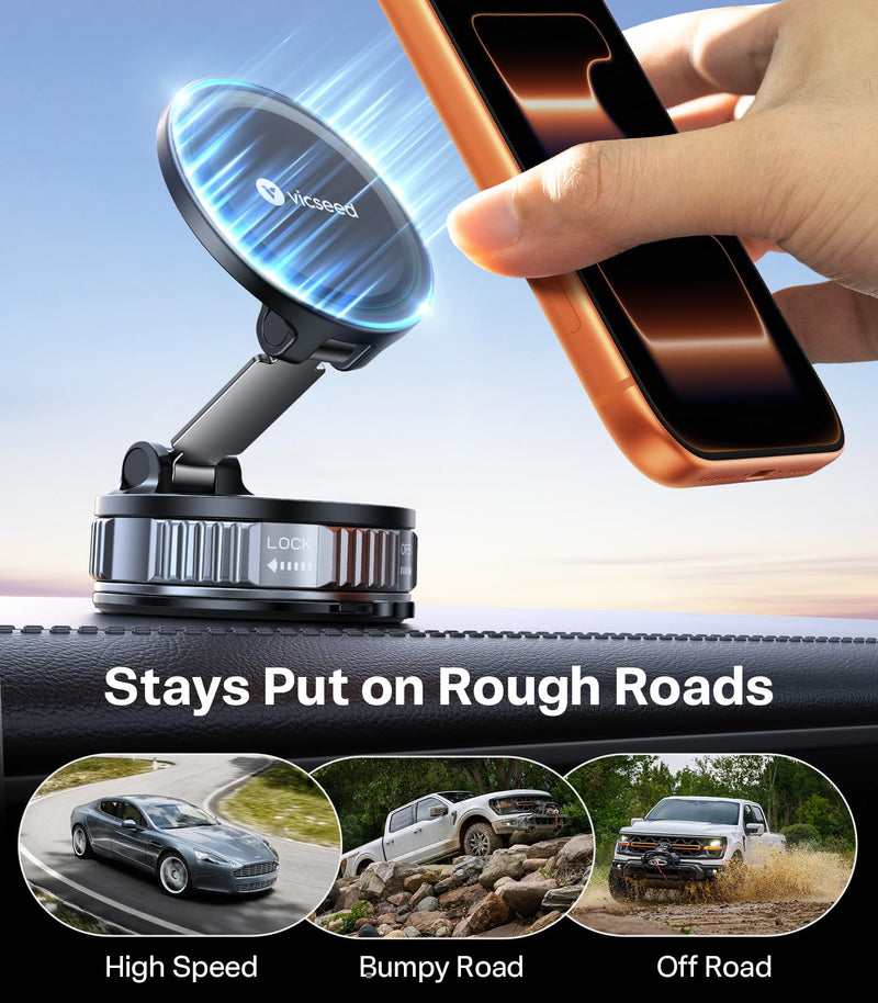 VICSEED Ultimate for Magsafe Car Mount [98+LBS Strongest Suction] 360° Vacuum Magnetic Phone Holders for Your Car Metal Arm Foldable Cellphone Mount for iPhone 17 16 15 14 13 12 Pro Max Air Android Light-Grey