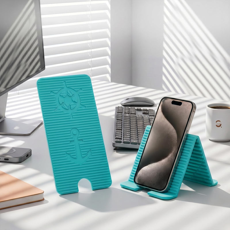 Adjustable Foldable Silicone Phone Stand, Cyan Blue, with Charging Port, Non-Slip Desk Holder for iPhone, Samsung, Tablets 1