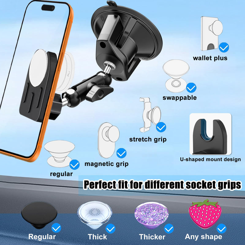 Car Phone Holder for Pop Socket, Suction Cup Car Phone Mount for PopSocket | Suction Cup Windshield Window, Cell Phone Car Mount Compatible with PopSockets, Pop Grips