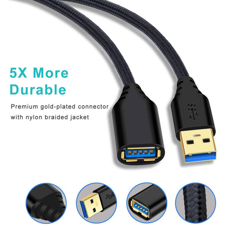 USB 3.0 Extension Cable, 4Pack [6ft] USB A Male to Female Braided Extender Cord 5Gbps Fast Data Transfer for Hard Drive, Keyboard, Mouse, Webcam, USB Flash Drive, Printer - Black