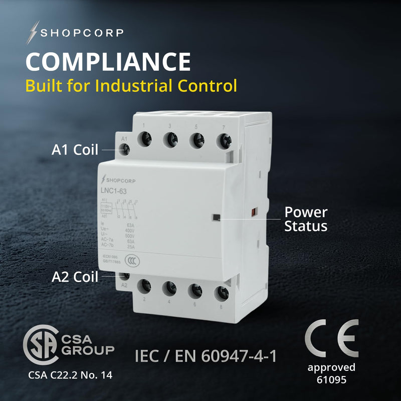 4 Pole Contactor 120v Coil Normally Open (NO) 60 amp IEC 400V AC Contactor - 110/120VAC Coil, Motor Load 40a and Lighting Load 60A, Silent Operation with Mounting Base for DIN Rail 1 Pack