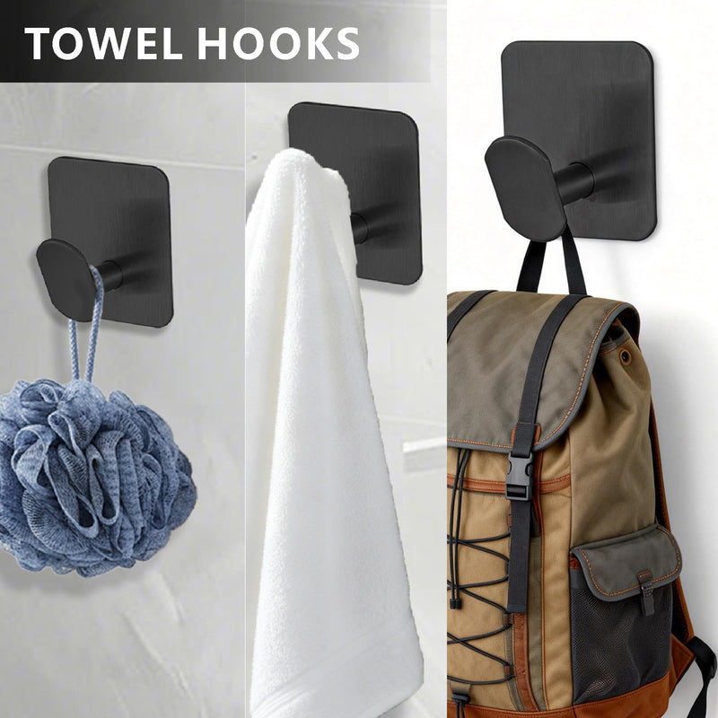 Self-Adhesive Bathroom Hardware Set, Towel Ring, Toilet Paper Holder and 2 Towel Hooks for Kitchen/Bathroom, No-Drilling Stainless Steel Bathroom Accessories, Wall Mounted, Black