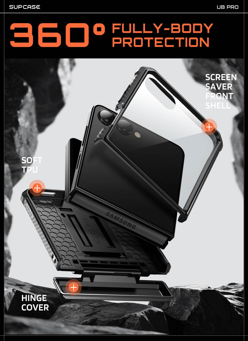 SUPCASE for Samsung Galaxy Z Flip 8 Case with 360 Rotating Belt Clip,Black | Built-in Kickstand, Front Screen Protector, Hinge Protection,Full Body Military-Grade Protection,Anti-Slip,Unicorn Beetle Pro Black
