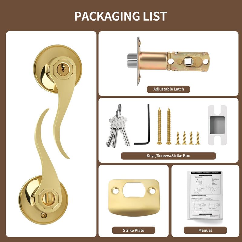 Moquin Wave Style Gold Door Handle with Lock and Key, Keyed Entry Brushed Gold Door Handles for Bedroom or Front Door, Polished Brass 1 Pack Keyed Entry-Lock & Key