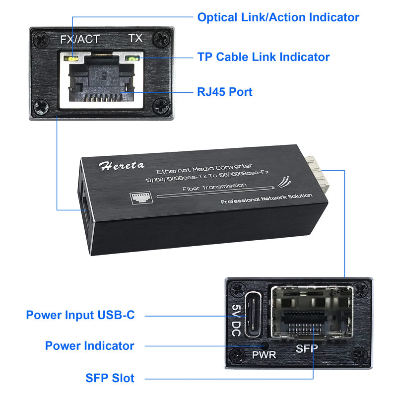 Industrial Gigabit Fiber Media Converter with Single Mode Dual Fiber SFP/LC Module 10/100/1000Base-TX to 100/1000Base-Fx Mini Ethernet Media Hardened Converter USB Type C Power Input