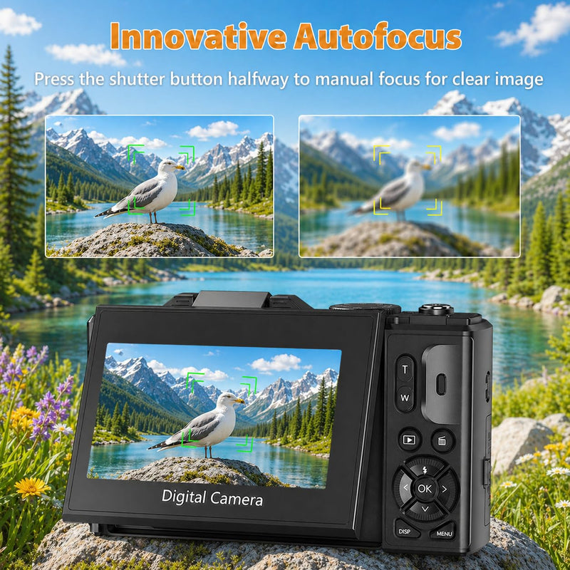 4K Digital Camera for Photography, 64MP Vlogging Camera for YouTube | Point and Shoot Camera with WiFi Sharing, 18X Digital Zoom, 3" 180° Flip Screen, 32GB Micro SD Card & 2 Batteries, Black