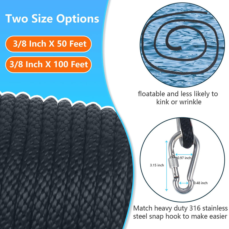 3/8 Inch 50 FT Anchor Rope, Boat Anchor Rope Solid Braid MFP, Anchor Line with 316 Stainless Steel Thimble and Snap Hook - Black 3/8inx50ft