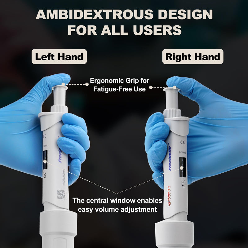 4E's USA Lab 1-10mL Pipette: Single-Channel Adjustable Micropipette with Color-Coded Top (Grey), 4 Digit Display, Universal Tip Cone, High Accuracy, ISO 8655 Calibrated & Lower Portion Autoclavable