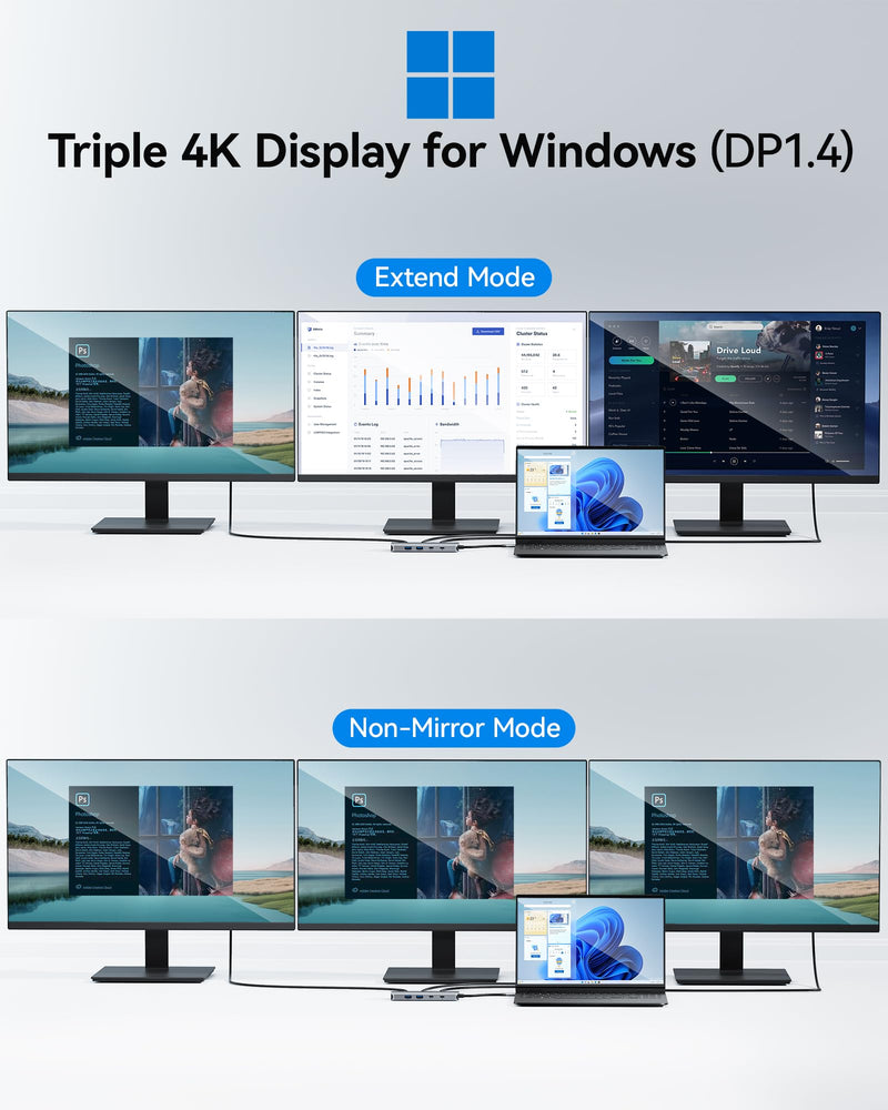 USB C Docking Station Dual Monitor, Selore Docking Station 3 Monitors | Triple 4K Display with 2 HDMI, DisplayPort, 1Gbps Ethernet, 100W PD Charging, USB 3.0 Ports Adapter for Dell, HP, Lenovo,etc Gray