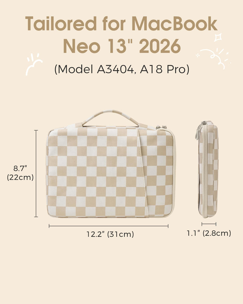 ProCase Laptop Sleeve for MacBook Neo 13 Inch 2026 -Checkered | Model A3404, A18 Pro, Protective Travel Carrying Case with Accessory Pocket & Carry Handle, Cute Pattern Sleeve for Girls Checkered
