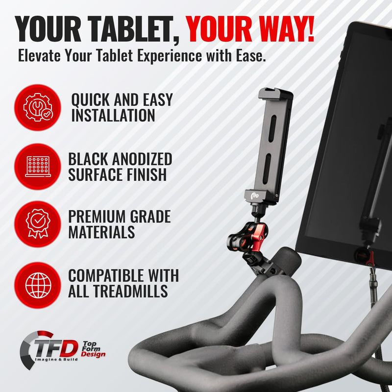 TFD Tablet Mount (5” to 10” Wide Fit) - Fits All Major Brands - Compatible with Ipad, Samsung, Google, & Other Standard Tablets | Tablet Holder for Truck, Cycling, Treadmill for Home, Work & The Road
