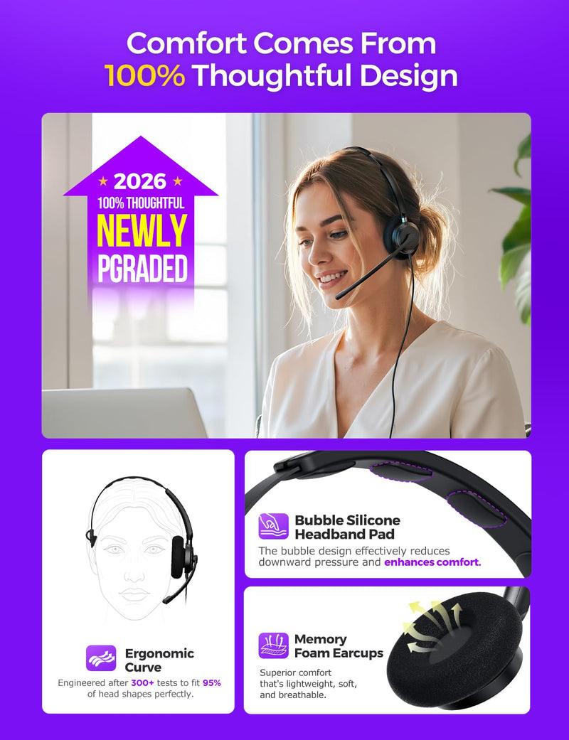 USB Headset with Microphone for PC, Wired Headset for Work & Calls | USB-A/C and 3.5mm connectivity with clear sound quality, designed for office calls, meetings, Teams, Zoom and call centers Deep Grey