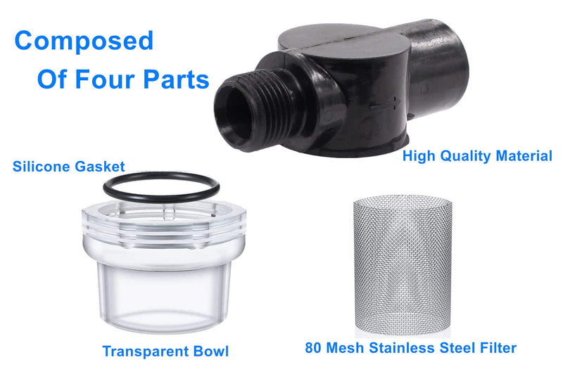 Twist-On Pipe Water Pump Strainer,RV Water Pump Filter Compatible With Shurflo Or Wfco,1/2" Npsm Inlet/Outlet With 80 Mesh Stainless Steel Filter Screen For RV Marine Replacement 2 Pack Black