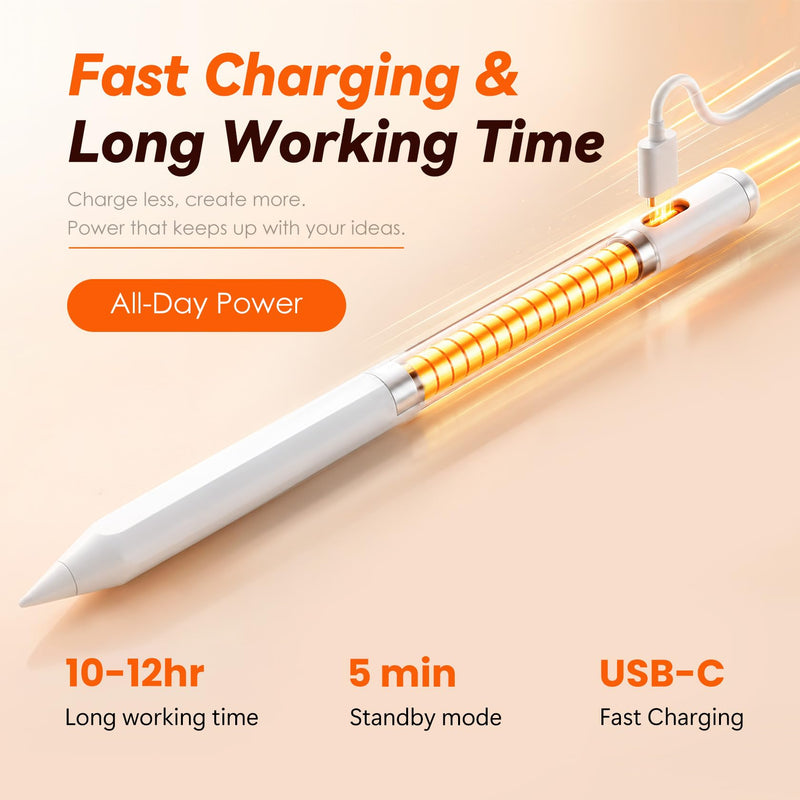 Stylus Pen for iPad 2018-2026 Gen, Fast Charge, Palm Rejection-White | Tilt Sensitivity, Compatible with Apple Pencil iPad 6-11, pro 13/12.9/11, Air 3/4/5/M2/M3/M4, Mini 5/6/7, for Painting, Note White