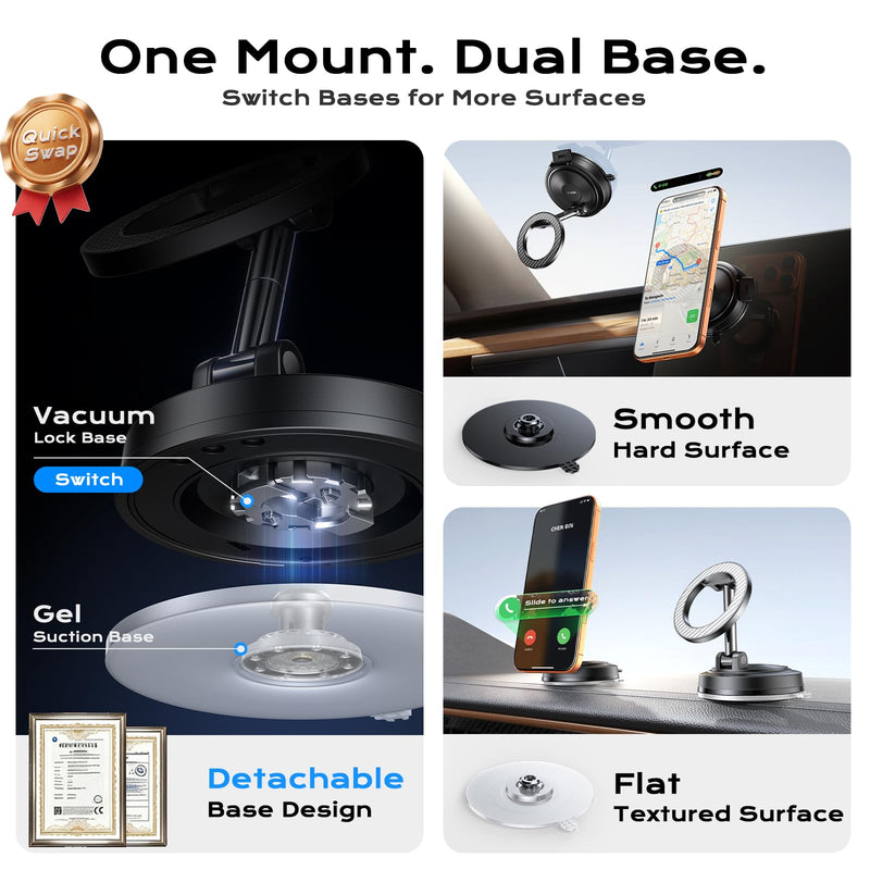 NeverDrop Car Phone Mount for MagSafe, 2 Bases for Any Surface | 118+LBS Ultra Grip, 2400gf Strong Magnetic, 360° Adjustable Car Phone Holder, Phone Holders for Your Car, Carbon Fiber