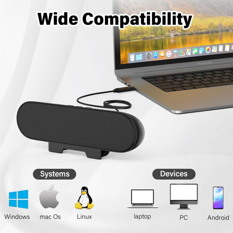 Computer Speakers for Desktop Monitor,Single Speakers for Desktop PC,Laptop Speaker with Loud Sound,Volume Control Easily Clamps to Monitors(USB-C to USB Adapter Included) (Black) Black