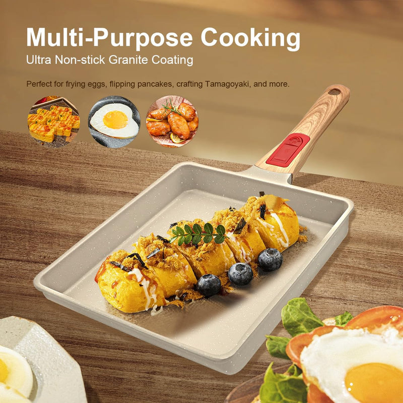 AIKENBBKK Tamagoyaki Japanese Omelette Pan, Japanese Egg Pan, Square Egg Pan Nonstick, Induction-Ready, Detachable Handle, with Silicone Spatula, PFAS & PFOA-Free, Oven Safe, White, 9" x 8.2" L