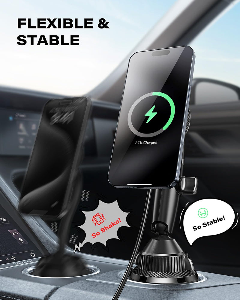 APPS2Car Upgraded for QI2 MagSafe Cup Holder Phone Holder Charger | 15W Fast Charging, Adjustable Tri-Pivot Arm, Wireless Magnetic Cell Phone Stand for iPhone 17 Air Pro Max Plus 16 15 14 13 12 MagSafe Mount-QI2 Charging