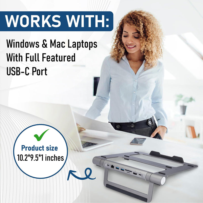 ClearClick 6-in-1 USB-C Portable Docking Station & Laptop Stand - 2X USB 3.0 Ports, HDMI, LAN Ethernet, SD Card Reader, MicroSD Card Reader, USB PD Charging